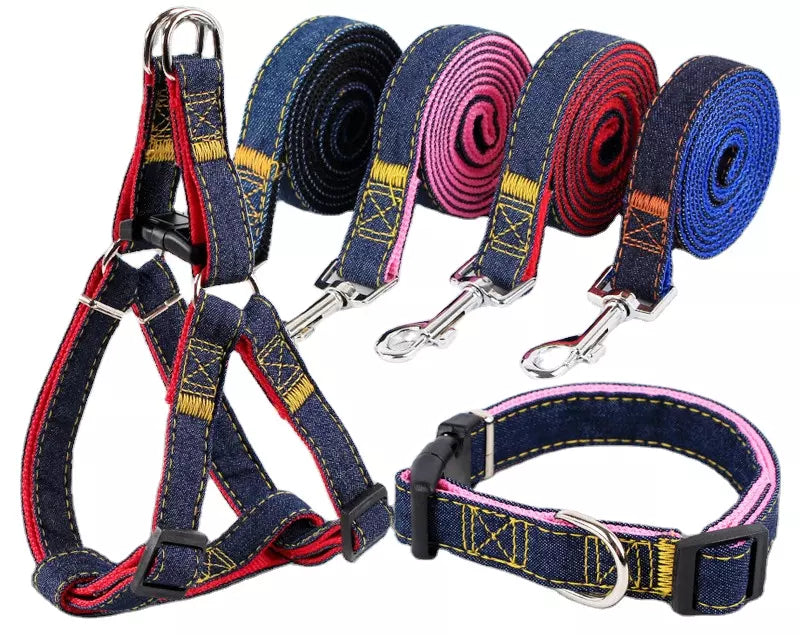 3er-Set Leine Brustgeschirr & Halsband für Hunde Jeansoptik alle Farben