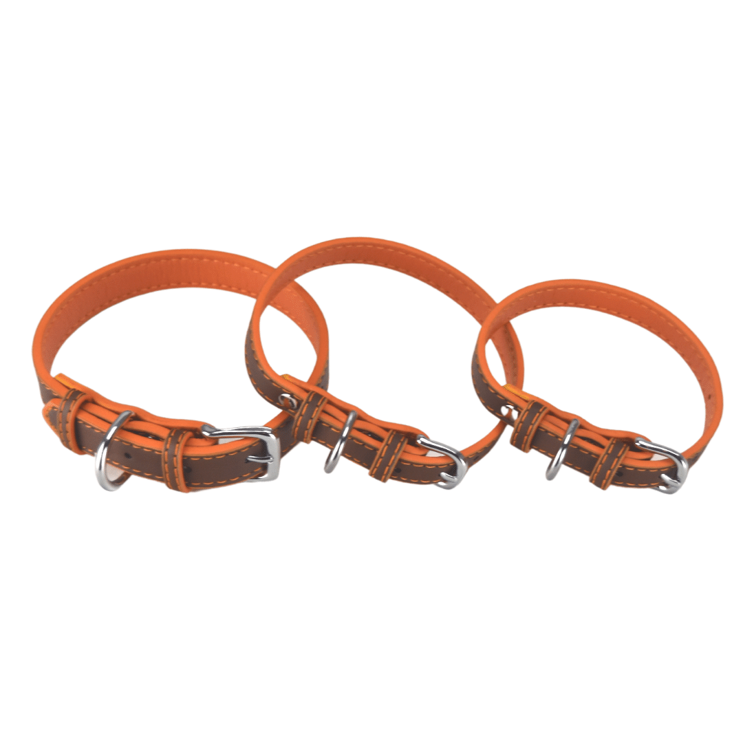Hundehalsband braun/orange Kunstleder Halsband mit silbernem Verschluss verschiedene Größen Detailaufnahme