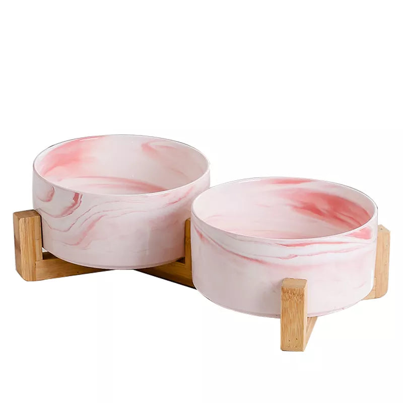 Futterstation Futternapf Wassernapf Keramik mit Holzständer - Marble Rosa