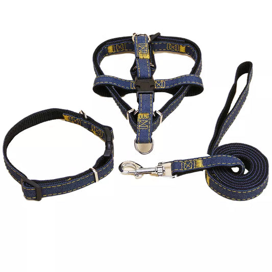 3er-Set Leine Brustgeschirr & Halsband für Hunde Jeansoptik in Schwarz aus verschiedenen Perspektiven