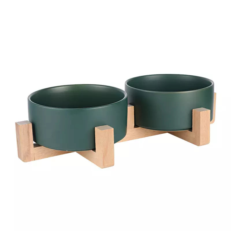 Futterstation Futternapf Wassernapf Keramik mit Holzständer - Grün