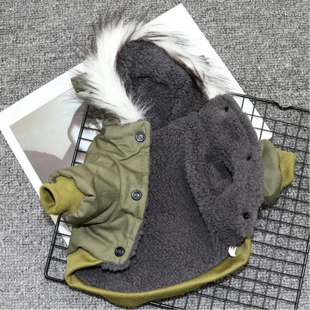 Hundeparka Hundemantel Daunenjacke mit Kapuze Winter Hoodie Hundejacke Detailbild Olive