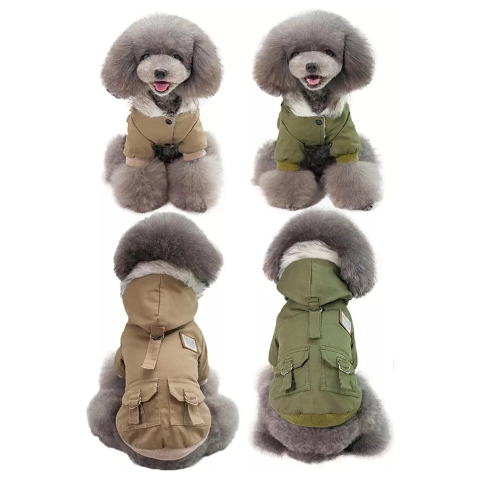 Hundeparka Hundemantel Daunenjacke mit Kapuze Winter Hoodie Hundejacke Detailbild Beige Olive
